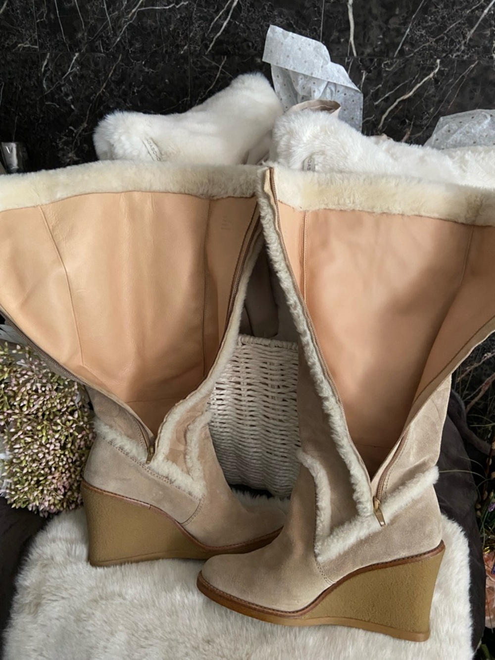 Coach Beige Signature Shearling Wedge Boots with Gold Hardware - Picture 12 of 16